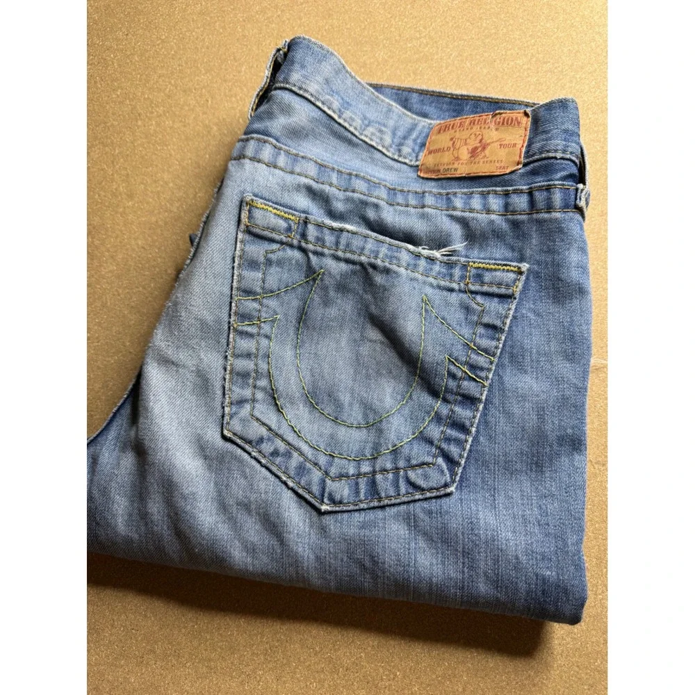 True Religion Drew Men 29 Distressed Straight Leg Light Wash Denim Jeans USA